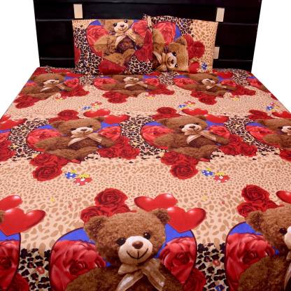 Polycotton Double 3D Printed Bedsheet with 2 Pillow Covers  (Pack of 1, red heart and red roses, brown)